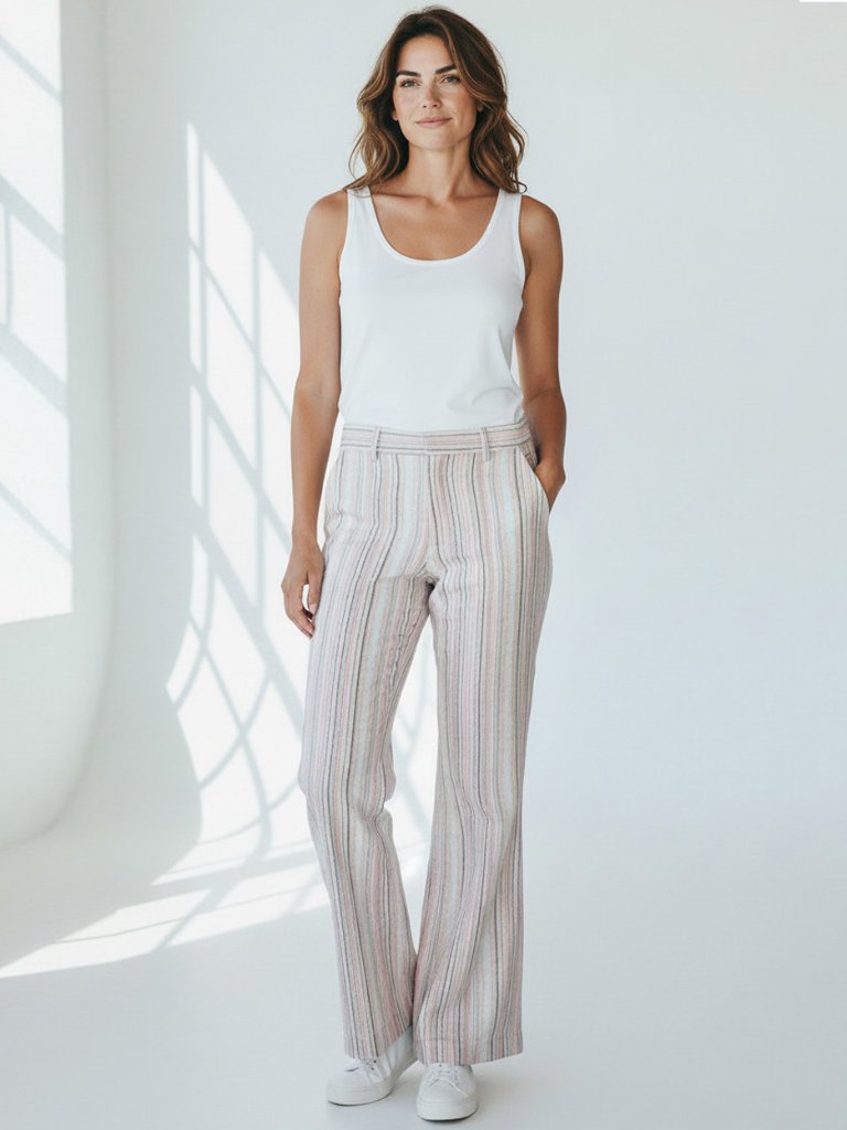 Esprit Striped Boot-Cut Linen Pants In White And Pink Tones